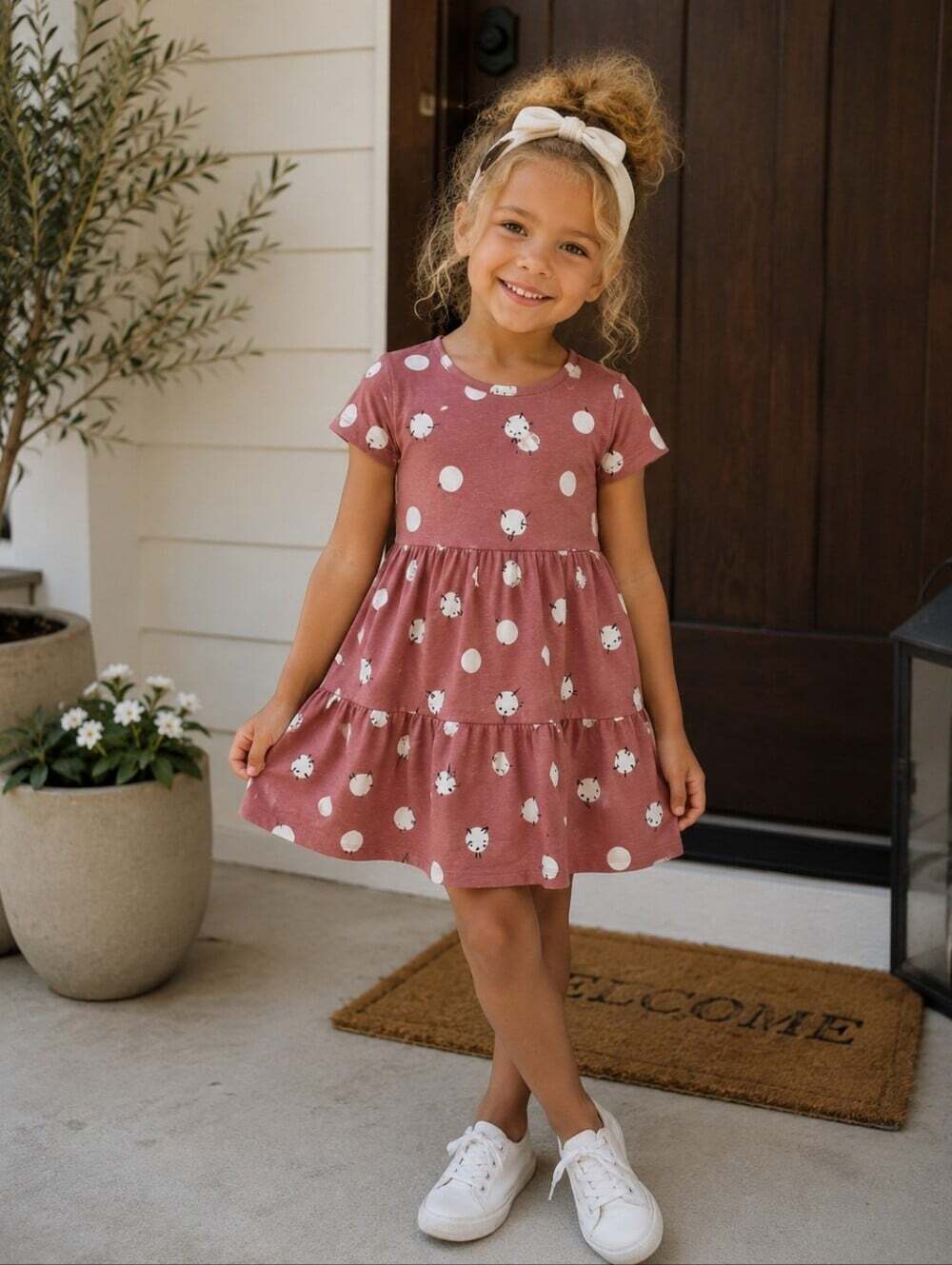 H&M Girls Cat Face Polka Dot Tiered Cotton Dress Pink Size 6-8Y